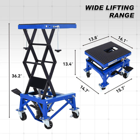 Blue Beefy Hydraulic Motorcycle Scissor Jack Lift with foot step lever and wheels, adjustable from 13.4 to 36.2 inches.