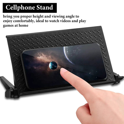 Kick Off Your Desk Upgrade With This Super Solid Black Tv Top Shelf Bracket 2 Pack Monitor Riser Stand For Gaming Setups Gonna Look Dead Legit Today - black cellphone stand with textured surface and phone displaying space image.