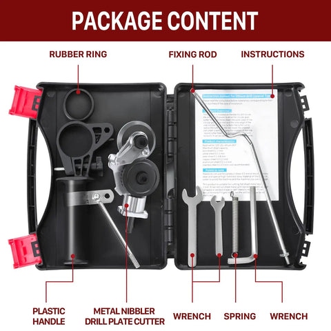 Pro Grade Electric Drill Plate Cutter Kit With Universal Nibbler Attachment and tools in carry case, package content view