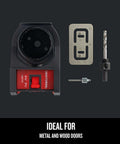 Craftsman door lock installation kit with circular hole-saw mount, metal mounting plate, and drill-bit adapter for metal and wood doors