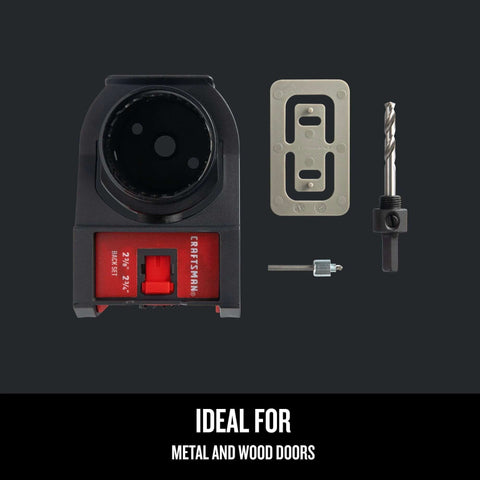 Craftsman door lock installation kit with circular hole-saw mount, metal mounting plate, and drill-bit adapter for metal and wood doors
