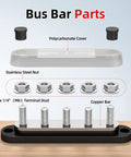 Heavy Duty 150A Marine Bus Bar Power Distribution Block parts with copper bar, M6 studs, and polycarbonate cover.