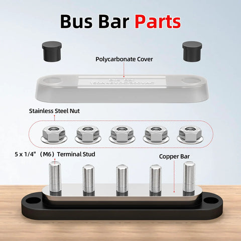 Heavy Duty 150A Marine Bus Bar Power Distribution Block parts with copper bar, M6 studs, and polycarbonate cover.