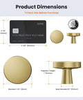 Three Pack 1 1/4 Inch Brushed Gold Solid Zinc Cabinet Knobs with size comparison to credit card and quarter