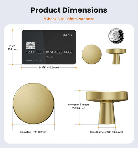 Three Pack 1 1/4 Inch Brushed Gold Solid Zinc Cabinet Knobs with size comparison to credit card and quarter