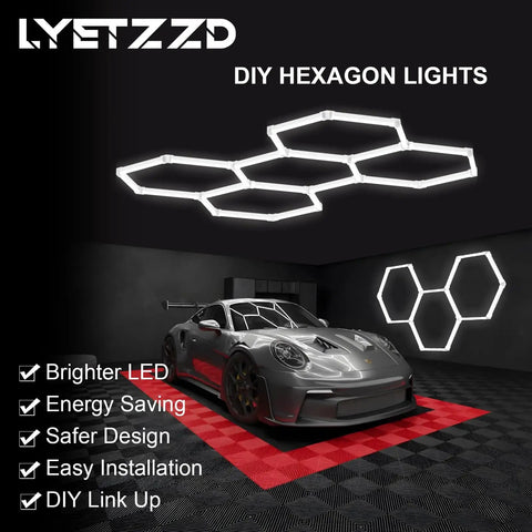 Hexagon Garage Lights Five Panel LED Ceiling Light 6500K Hella Bright 168W 20160LM in garage over car
