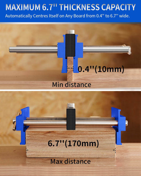 Pro-Grade 6.7 Inch Self Centering Dowel Jig Kit with wide capacity doweling jig and drill guide showing min and max distances on wood