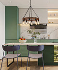 Round Wagon Wheel Chandelier With Eight Lights, Rustic Farmhouse Pendant Fixture For Dining Room And Kitchen Island in modern kitchen
