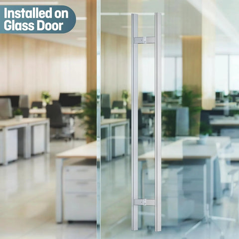 H-Shaped 1200mm Push Pull Door Handle Back To Back Mounting installed on office glass door