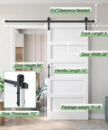 36x84 Inch White Barn Door With Six Point Six Foot Sliding Hardware Kit Included And Handle Five Panel Fits 33 To 34 Inch Opening Solid MDF PVC Surface Waterproof Scratch Proof Durable DIY Assembly installed view with dimensions labeled.