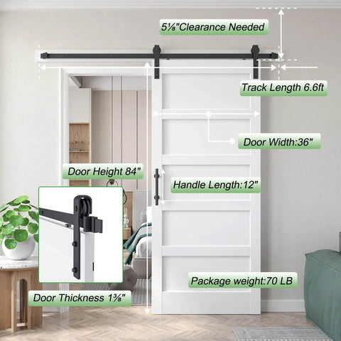 36x84 Inch White Barn Door With Six Point Six Foot Sliding Hardware Kit Included And Handle Five Panel Fits 33 To 34 Inch Opening Solid MDF PVC Surface Waterproof Scratch Proof Durable DIY Assembly installed view with dimensions labeled.