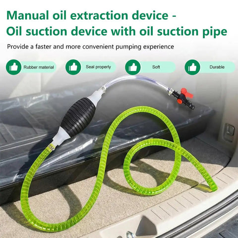 Heavy Duty Manual Fuel Siphon Pump For Cars And Trucks Featuring Wicked Smooth High Flow Transfer PVC Hose With Reliable Anti Backflow Valve Universal Fit For Diesel Gas Oil Water Pulls Fluid Like A Dream on a surface with suction pipe.