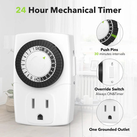 BND60 U47 Indoor Mini 24 Hour Mechanical Outlet Timer 3 Prong 2 Pack with highlighted features including push pins and override switch.