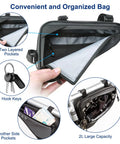 2L Waterproof Reflective Bike Frame Storage Bag With 16 In 1 Multitool, Tire Patch Kit, Mini Pump And Tire Levers open compartments