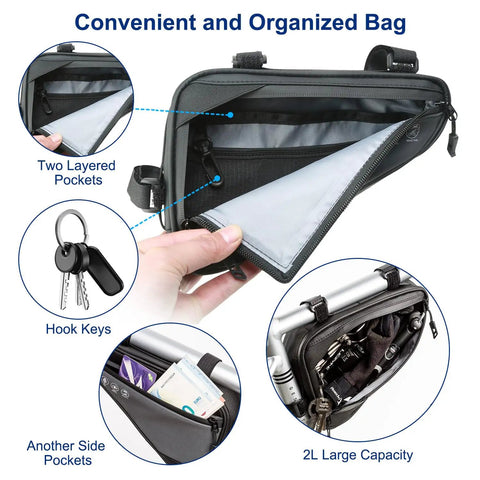 2L Waterproof Reflective Bike Frame Storage Bag With 16 In 1 Multitool, Tire Patch Kit, Mini Pump And Tire Levers open compartments