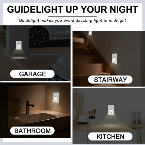 Slick White Decora Outlet With Night Light 6 Pack 15 Amp Tamper Resistant Wall Insert in garage, stairway, bathroom, and kitchen.
