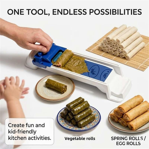 Lumpia Roller Machine for fast even rolling and easy DIY lumpia maker with grape leaves and spring rolls on plates, 2 pack