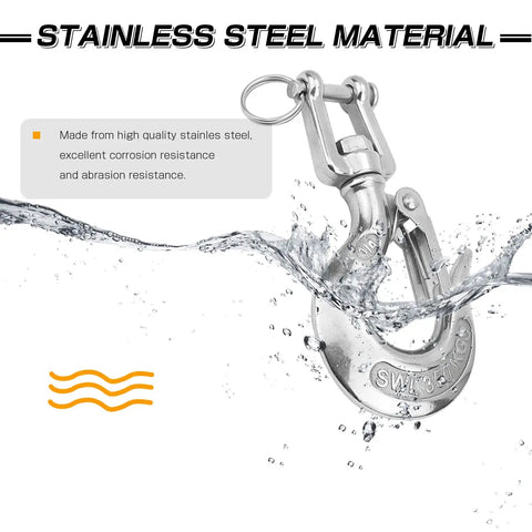 Heavy Duty Slip Hook And Clevis Hook Chain For Tow Winch And Trailer Stainless Steel Latch Safety Workhorse Hardware Three Sixteenth Inch 330 Lbs Load Capacity Built Tough For Lifting And Towing Corrosion Resistant. Stainless steel slip hook with latch in water-resistant view