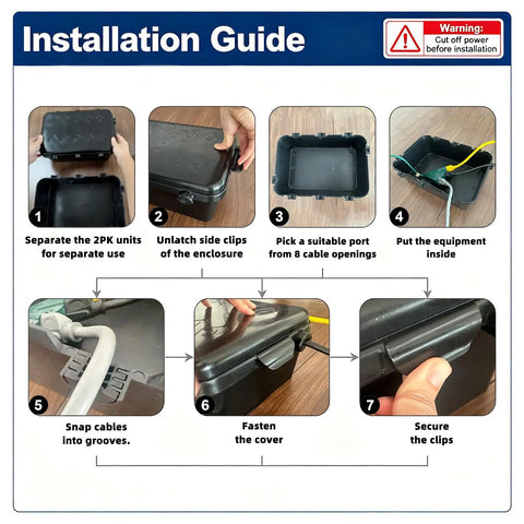 Installation guide steps for Heavy Duty Outdoor Electrical Box Enclosure 2 Pack Waterproof GFCI Adapter Cover.