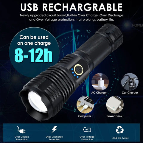 Rechargeable LED Flashlight With Up To 90 000 Lumens Be A Beast Bright XHP70 2 Tactical Light Zoomable Waterproof shown with chargers