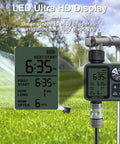 Programmable Outdoor Garden Hose Water Timer With Rain Delay And Manual Override, LED display showing time and settings.