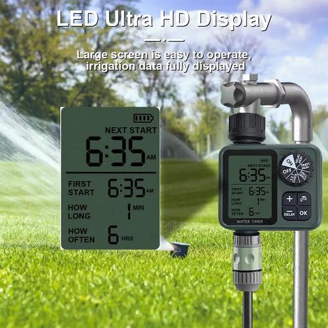 Programmable Outdoor Garden Hose Water Timer With Rain Delay And Manual Override, LED display showing time and settings.