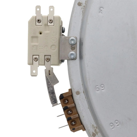 Close-up of Dual Haliant and Radiant 12 Inch Surface Element Replacement for Flat-Top Electric Ranges OEM-Grade Cooktop Burner Element for Stoves Easy Install Replacement WB30T10130, showing connectors and underside.