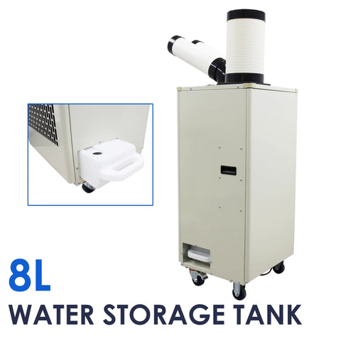 Industrial Grade Portable AC 15,400 BTU Tough As Nails Spot Cooler with an 8L water storage tank and twin hoses for easy mobility.
