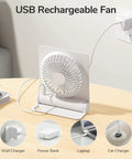 Compact USB Rechargeable Desk Fan with 4500mAh Battery in charging mode, plugged into wall outlet on a wooden desk, 160° tilt visible.