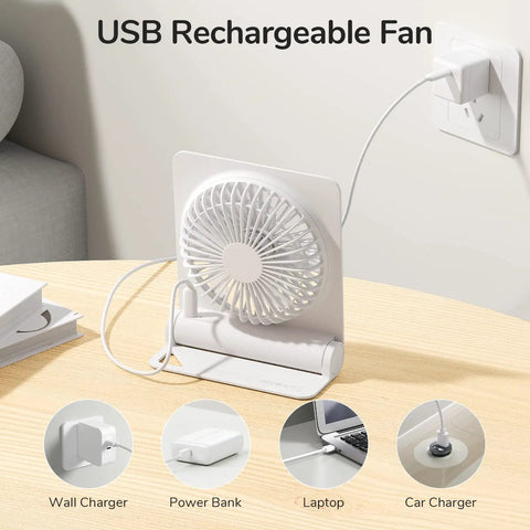 Compact USB Rechargeable Desk Fan with 4500mAh Battery in charging mode, plugged into wall outlet on a wooden desk, 160° tilt visible.