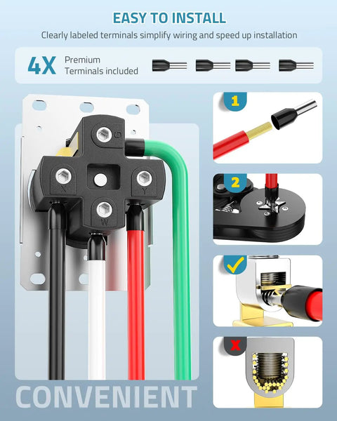 Heavy Duty Nema 14-50R EV Charging Outlet Box With Copper Contacts And Solid Brass Terminals for easy wiring with labeled terminals.
