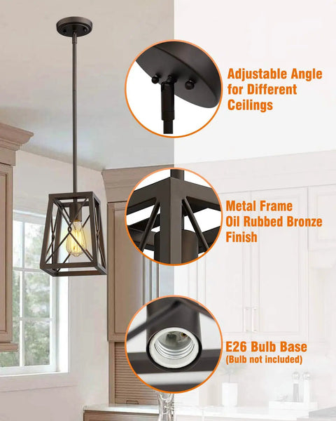 Farmhouse Pendant Light With Industrial Metal Wire Cage In Oil Rubbed Bronze, 1 Light Hanging Lantern for kitchen