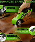 Cordless Electric Scissors For Cardboard And Paper Cutting Rechargeable Portable Handheld Power Tool With 320Rpm High Efficiency Blade Kit Includes Storage Case And Usb Cable Easy Craft And Office Use demonstrating safety features on leather.
