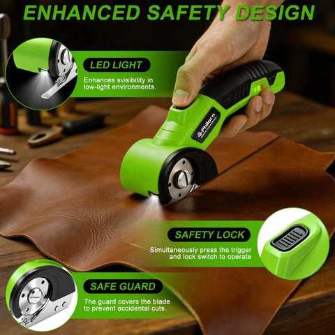 Cordless Electric Scissors For Cardboard And Paper Cutting Rechargeable Portable Handheld Power Tool With 320Rpm High Efficiency Blade Kit Includes Storage Case And Usb Cable Easy Craft And Office Use demonstrating safety features on leather.