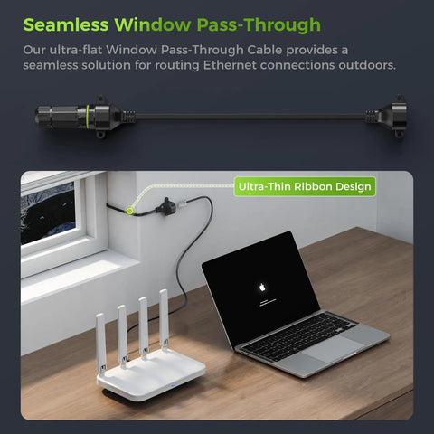Ultra-Thin Flat Ethernet Cable No Drill RJ45 Extension Cord gliding through a window to connect a router and laptop.
