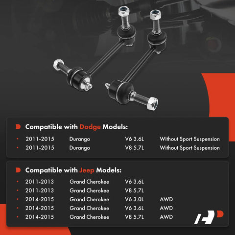 Beefed Up Front Sway Bar Links for Jeep Grand Cherokee 2011-2015 and Dodge Durango 2011-2015 displayed with compatibility chart.