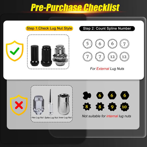Pre-purchase checklist for Eight Piece Spline Lug Nut Socket Set With 5 6 7 12 Spline Locking Keys, not for hex or spike nuts