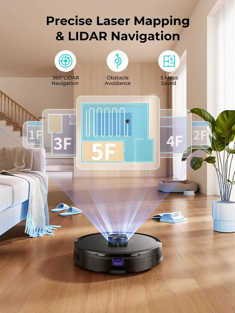Upgraded Bagless Self Emptying Robot Vacuum And Mop With 6000Pa Suction LiDAR Navigation Smart Mapping in a living room