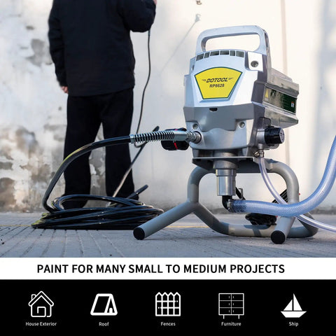 Hassle Free Airless Paint Spray Gun Kit With Five Reversible Tips Ten Spare Mesh Filters And Safety Nozzle Guard For Smooth Wall Finishes And Quick Home Makeover Projects, showing the spray gun in use for painting.
