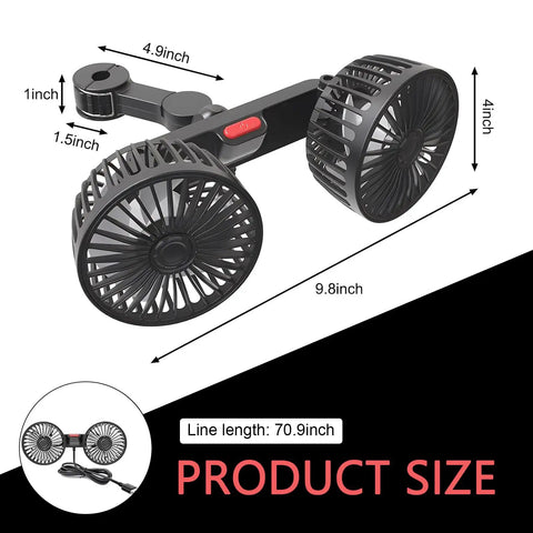 Dual Head Car Seat Headrest Fan With 360 Degree Rotating No Sweat USB Powered Silent Motor For Smooth Rear Passenger Comfort Solid Three Speed Adjustments For Chill Summer Road Trips dimensions with fan size and USB line length