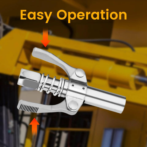 Chrome grease gun coupler with lever and springs, quick-connect lock-on design