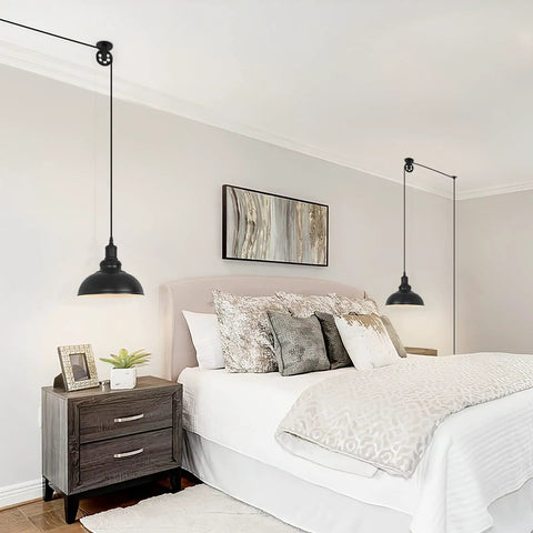 Bedroom with Industrial Plug In Pendant Light With 19.5 Foot Cord And On Off Switch Retro Barn Bronze Dome Ceiling Fixture