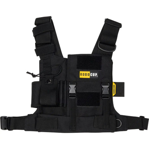 Radio Chest Harness Vest Built For The Job And Ready For Everyday Carry with adjustable utility organizer in black, front view.