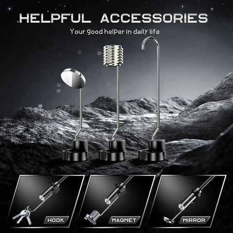 Pro Borescope Camera With Light accessories including hook, magnet, and mirror.