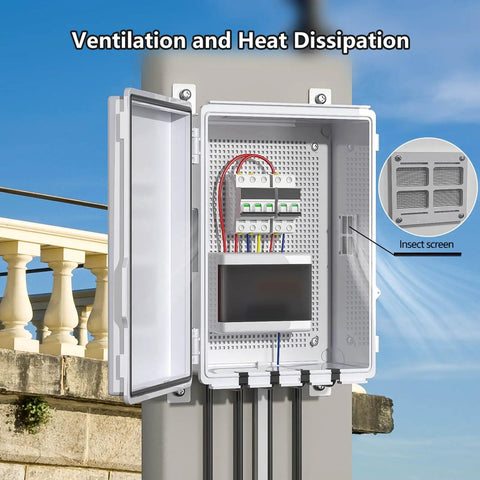 Tough As Nails Electrical Junction Box With Ventilated ABS Housing, open view showing wiring connections and insect screen.
