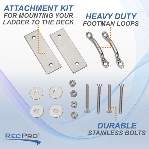 Beefed-Up Dock And Boat Ladder Hardware Attachment Kit for AL-A3 AL-A4 AL-A5 And AL-C4 ladders with mounting hardware.