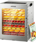 Top Shelf Heavy Duty 12 Tray Food Dehydrator With 800W Dual Fan And 48H Timer For Making Jerky Fruits Veggies Herbs And Homemade Pet Treats Real Deal Stainless Steel Racks For Easy Preserving with stacked colorful dried fruits and meats.
