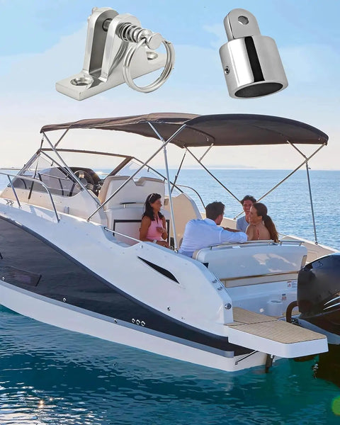 Bimini Top Hardware Set for Boats, 2 Deck Hinges With Quick Release Pins and Eye End Caps, 316 Stainless Steel on boat