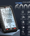 Smart Digital Multimeter With 6000 Counts And Auto Ranging display showing measurements and features.