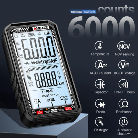 Smart Digital Multimeter With 6000 Counts And Auto Ranging display showing measurements and features.